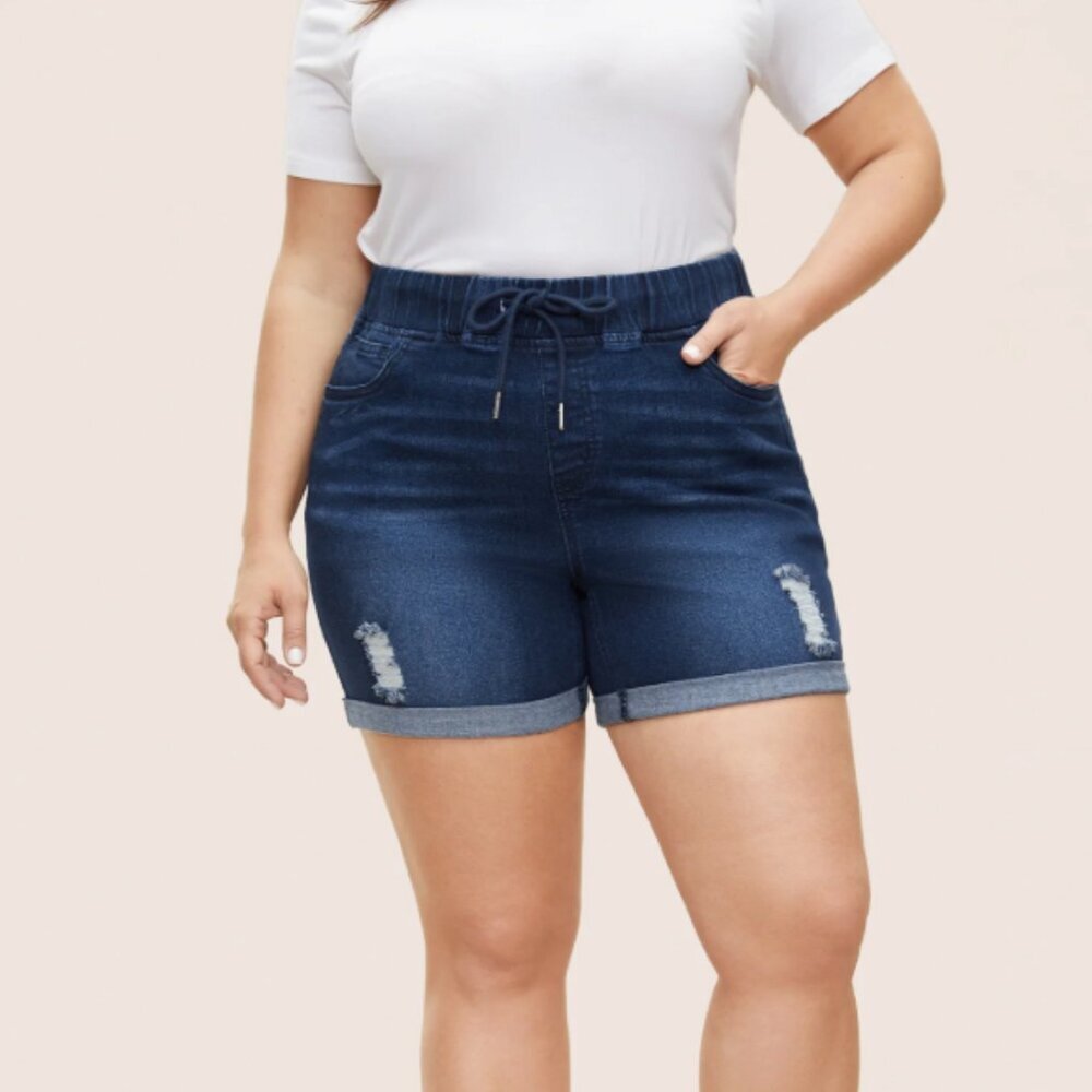 BloomChic Plus Size XL Distressed Drawstring Roll Hem Denim Shorts us 14